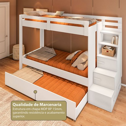 Beliche com Cama Auxiliar Luar 2 Gavetas com Escada Multifuncional Branco - Pnr Móveis