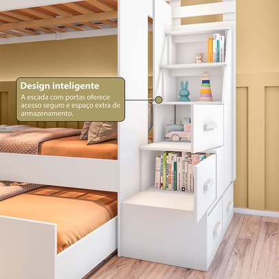 Beliche com Cama Auxiliar Luar 2 Gavetas com Escada Multifuncional Branco - Pnr Móveis