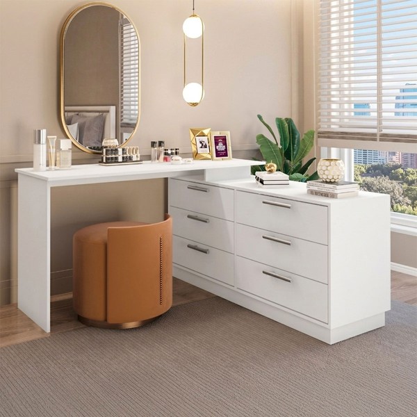 Cômoda com Mesa Escrivaninha Rocher 6 Gavetas Branco - Pnr Móveis