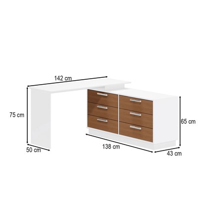Cômoda com Mesa Escrivaninha Rocher 6 Gavetas Branco/Freijó - Pnr Móveis