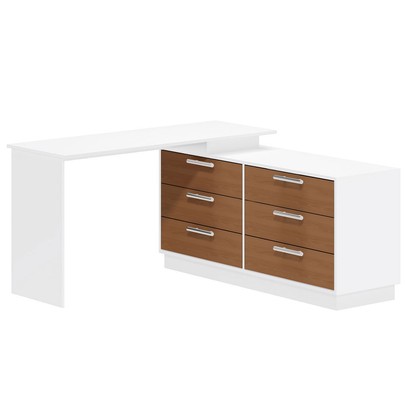 Cômoda com Mesa Escrivaninha Rocher 6 Gavetas Branco/Freijó - Pnr Móveis