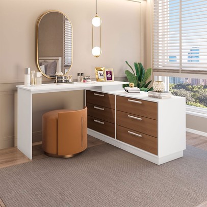 Cômoda com Mesa Escrivaninha Rocher 6 Gavetas Branco/Freijó - Pnr Móveis