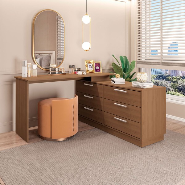 Cômoda com Mesa Escrivaninha Rocher 6 Gavetas Freijó - Pnr Móveis