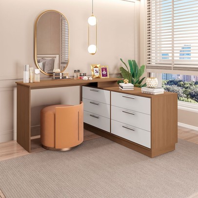 Cômoda com Mesa Escrivaninha Rocher 6 Gavetas Freijó/Branco - Pnr Móveis
