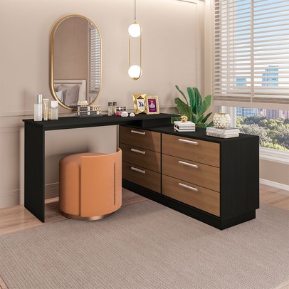 Cômoda com Mesa Escrivaninha Rocher 6 Gavetas Preto/Freijó - Pnr Móveis