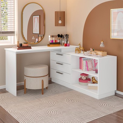 Cômoda com Penteadeira Rocher 3 Gavetas 2 Nichos Branco - Pnr Móveis