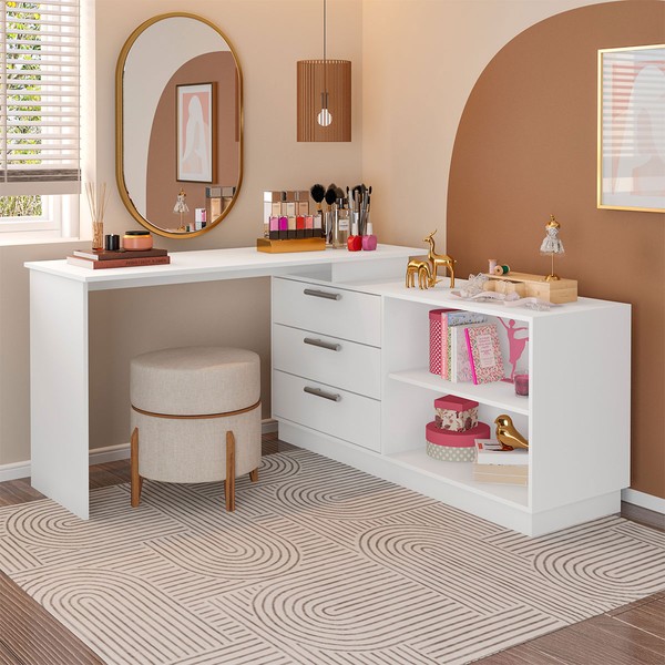 Cômoda com Penteadeira Rocher 3 Gavetas 2 Nichos Branco - Pnr Móveis