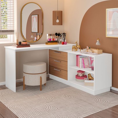 Cômoda com Penteadeira Rocher 3 Gavetas 2 Nichos Branco/Freijó - Pnr Móveis