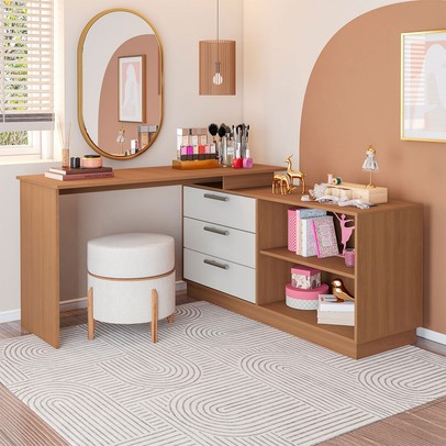 Cômoda com Penteadeira Rocher 3 Gavetas 2 Nichos Freijó/Branco - Pnr Móveis