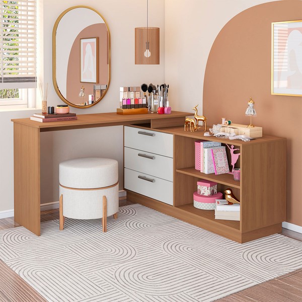 Cômoda com Penteadeira Rocher 3 Gavetas 2 Nichos Freijó/Branco - Pnr Móveis