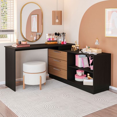 Cômoda com Penteadeira Rocher 3 Gavetas 2 Nichos Preto/Freijó - Pnr Móveis