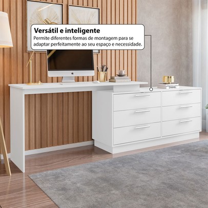 Mesa Escrivaninha com Cômoda Rocher 6 Gavetas Branco - Pnr Móveis