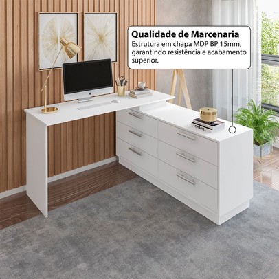 Mesa Escrivaninha com Cômoda Rocher 6 Gavetas Branco - Pnr Móveis