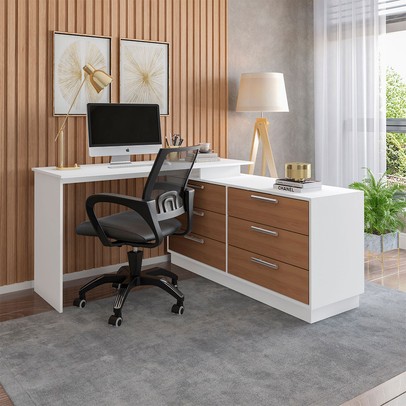 Mesa Escrivaninha com Cômoda Rocher 6 Gavetas Branco/Freijó - Pnr Móveis