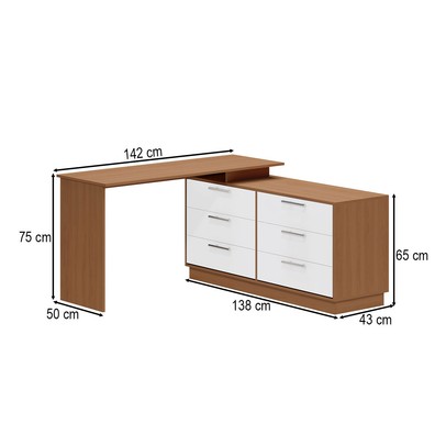 Mesa Escrivaninha com Cômoda Rocher 6 Gavetas Freijó/Branco - Pnr Móveis