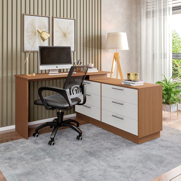 Mesa Escrivaninha com Cômoda Rocher 6 Gavetas Freijó/Branco - Pnr Móveis