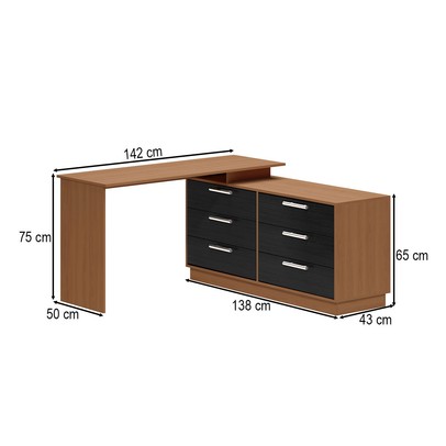 Mesa Escrivaninha com Cômoda Rocher 6 Gavetas Preto/Freijó - Pnr Móveis