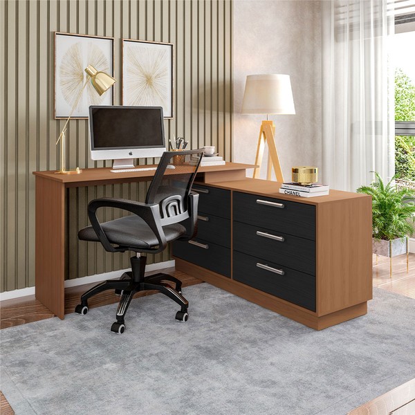 Mesa Escrivaninha com Cômoda Rocher 6 Gavetas Preto/Freijó - Pnr Móveis