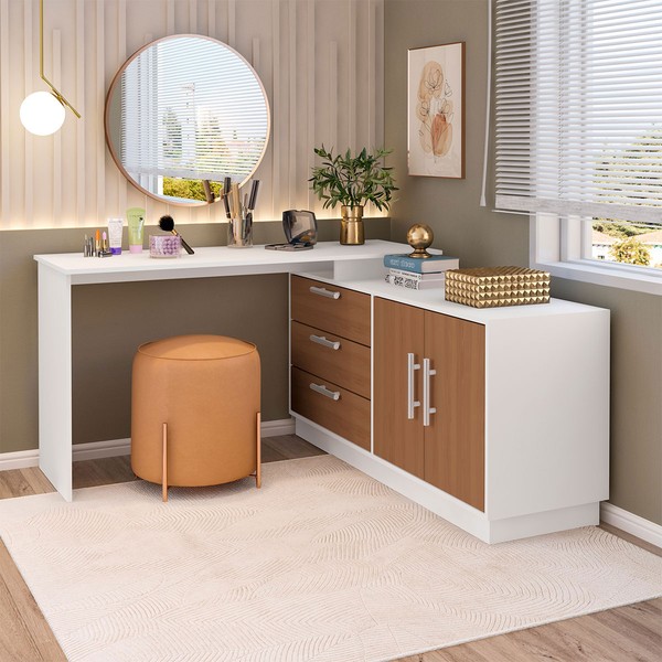 Penteadeira com Cômoda Rocher 2 Portas 3 Gavetas Branco/Freijó - Pnr Móveis