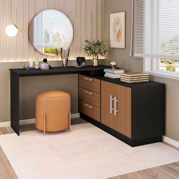 Penteadeira com Cômoda Rocher 2 Portas 3 Gavetas Preto/Freijó - Pnr Móveis
