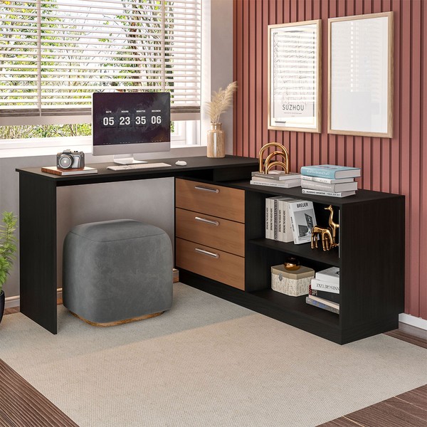 Mesa Escrivaninha com Cômoda Rocher 3 Gavetas 2 Nichos Preto/Freijó - Pnr Móveis