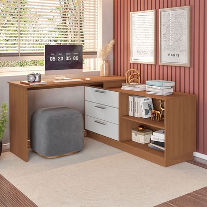 Mesa Escrivaninha com Cômoda Rocher 3 Gavetas 2 Nichos Freijó/Branco - Pnr Móveis