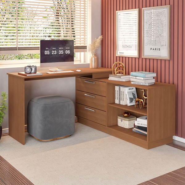 Mesa Escrivaninha com Cômoda Rocher 3 Gavetas 2 Nichos Freijó - Pnr Móveis