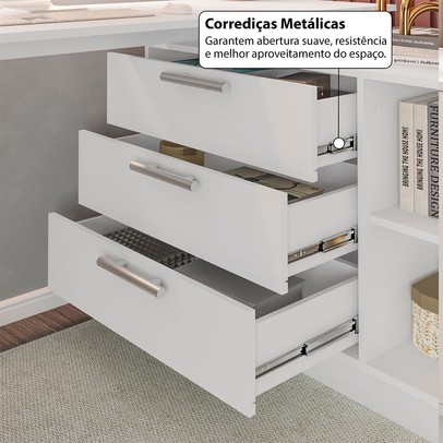 Mesa Escrivaninha com Cômoda Rocher 3 Gavetas 2 Nichos Branco - Pnr Móveis