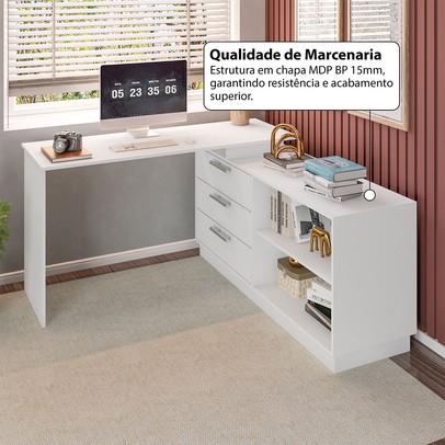 Mesa Escrivaninha com Cômoda Rocher 3 Gavetas 2 Nichos Branco - Pnr Móveis