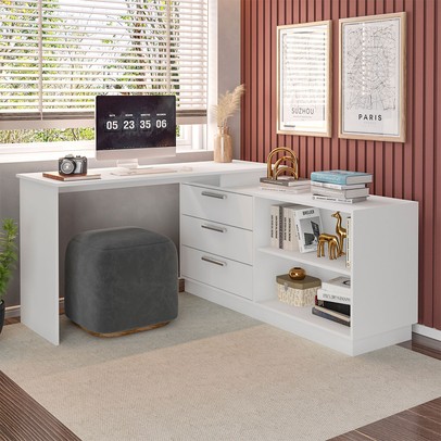 Mesa Escrivaninha com Cômoda Rocher 3 Gavetas 2 Nichos Branco - Pnr Móveis