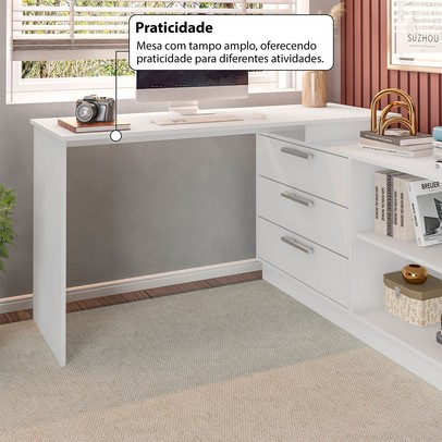 Mesa Escrivaninha com Cômoda Rocher 3 Gavetas 2 Nichos Branco - Pnr Móveis