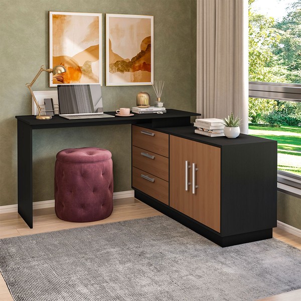 Mesa Escrivaninha com Cômoda Rocher 2 Portas 3 Gavetas Preto/Freijó - Pnr Móveis