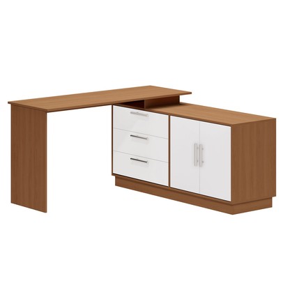 Mesa Escrivaninha com Cômoda Rocher 2 Portas 3 Gavetas Branco/Freijó - Pnr Móveis