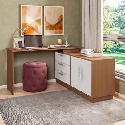 Mesa Escrivaninha com Cômoda Rocher 2 Portas 3 Gavetas Branco/Freijó - Pnr Móveis