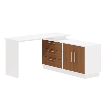 Mesa Escrivaninha com Cômoda Rocher 2 Portas 3 Gavetas Branco/Freijó - Pnr Móveis