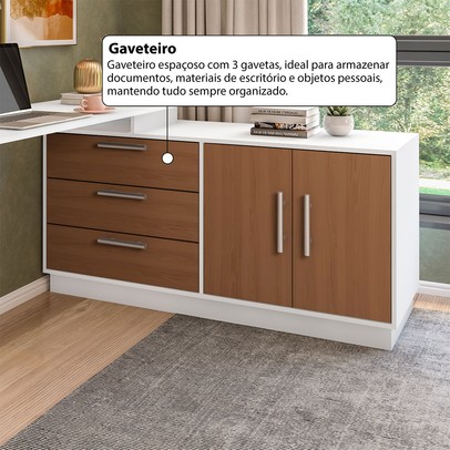 Mesa Escrivaninha com Cômoda Rocher 2 Portas 3 Gavetas Branco/Freijó - Pnr Móveis
