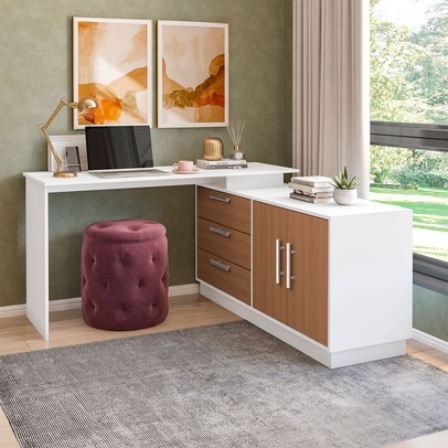 Mesa Escrivaninha com Cômoda Rocher 2 Portas 3 Gavetas Branco/Freijó - Pnr Móveis