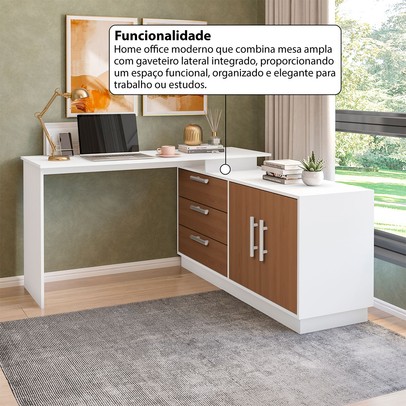 Mesa Escrivaninha com Cômoda Rocher 2 Portas 3 Gavetas Branco/Freijó - Pnr Móveis