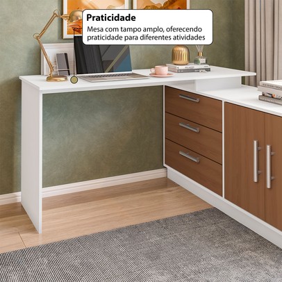 Mesa Escrivaninha com Cômoda Rocher 2 Portas 3 Gavetas Branco/Freijó - Pnr Móveis
