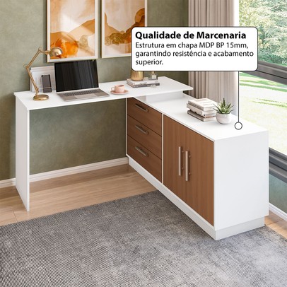 Mesa Escrivaninha com Cômoda Rocher 2 Portas 3 Gavetas Branco/Freijó - Pnr Móveis