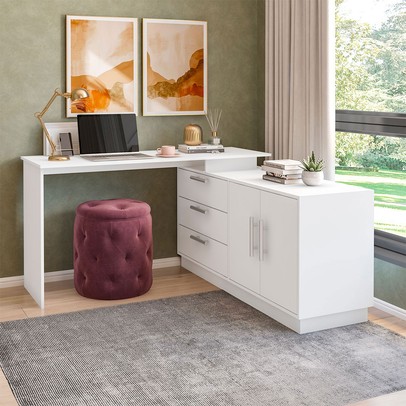 Mesa Escrivaninha com Cômoda Rocher 2 Portas 3 Gavetas Branco - Pnr Móveis