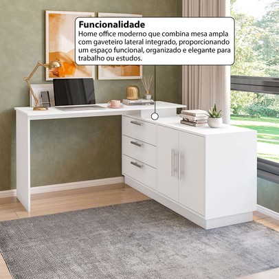 Mesa Escrivaninha com Cômoda Rocher 2 Portas 3 Gavetas Branco - Pnr Móveis