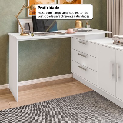 Mesa Escrivaninha com Cômoda Rocher 2 Portas 3 Gavetas Branco - Pnr Móveis