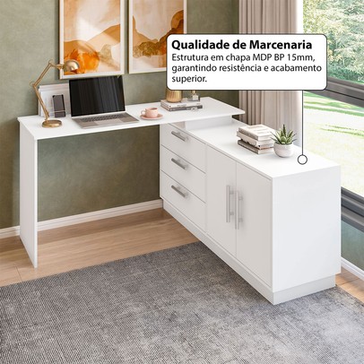 Mesa Escrivaninha com Cômoda Rocher 2 Portas 3 Gavetas Branco - Pnr Móveis