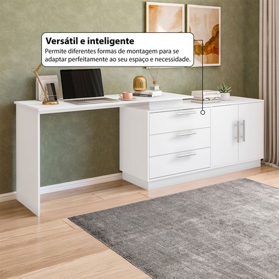 Mesa Escrivaninha com Cômoda Rocher 2 Portas 3 Gavetas Branco - Pnr Móveis