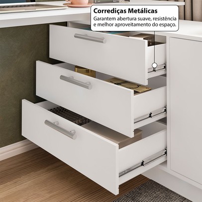 Mesa Escrivaninha com Cômoda Rocher 2 Portas 3 Gavetas Branco - Pnr Móveis