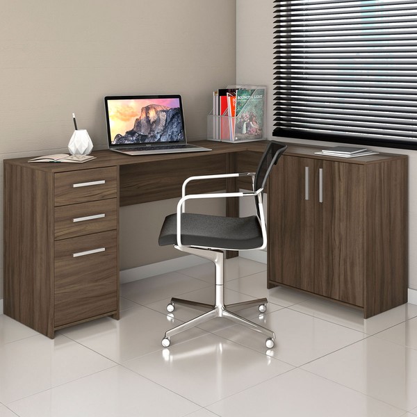 Mesa para Escritório 2 Portas 3 Gavetas Mirage Nogal Trend - Pnr Móveis