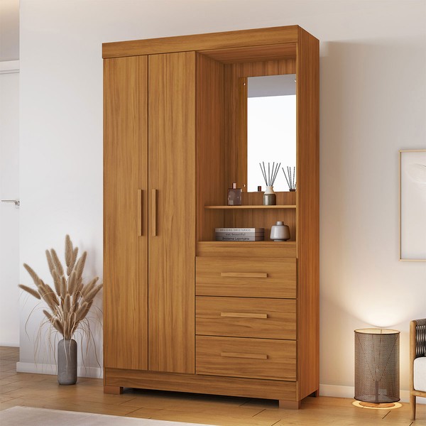 Guarda-Roupa Solteiro Formate 2 Portas 3 Gavetas com Espelho Freijó Trend - Pnr Móveis