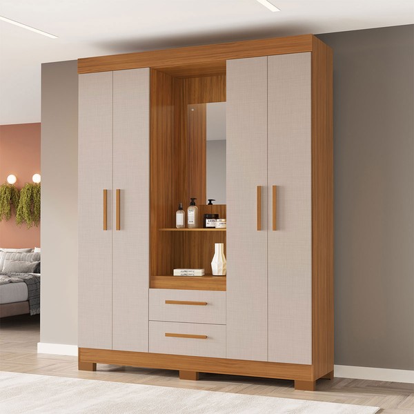 Guarda-Roupa Casal Tijucas 4 Portas 2 Gavetas com Espelho Freijó Trend/Off White - Pnr Móveis