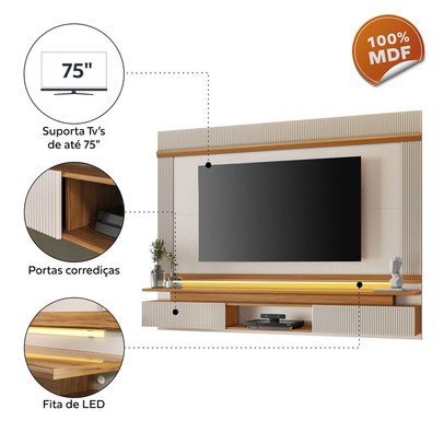 Painel para TV Até 75 Polegadas Marataízes 2 Portas Freijó Trend/Off White - Pnr Móveis